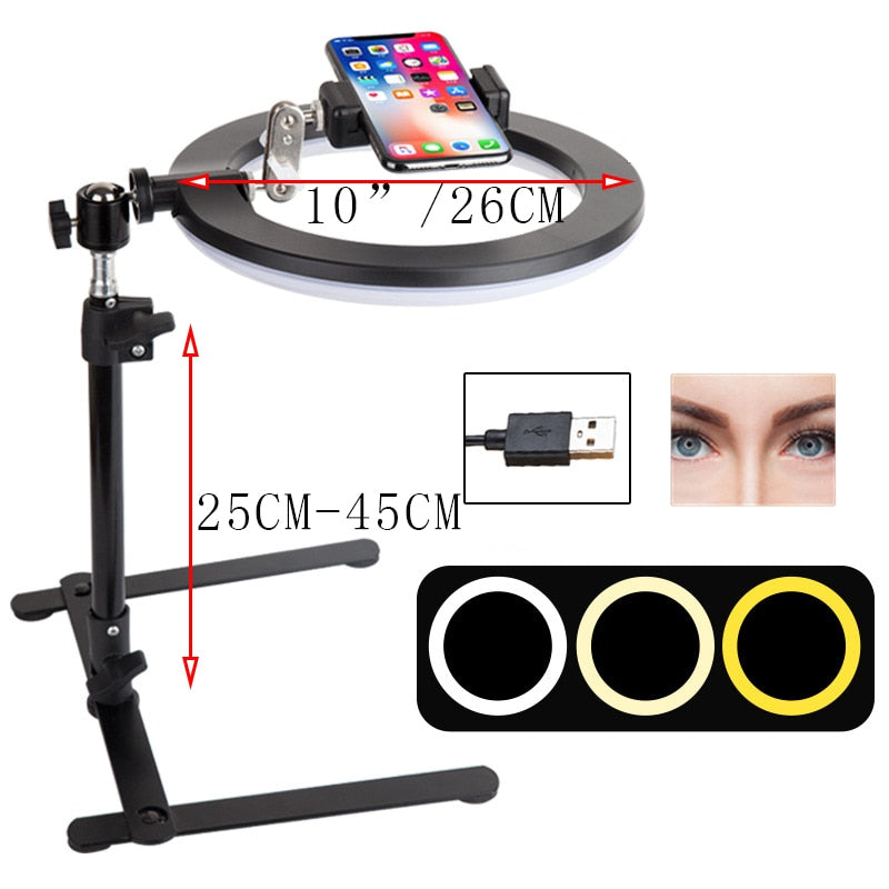 Video Youtube Lámpara de luz de anillo de relleno Live COOK 26CM Fotografía Iluminación Teléfono Anillo de luz Trípode Soporte Foto Led Selfie Bluetooth