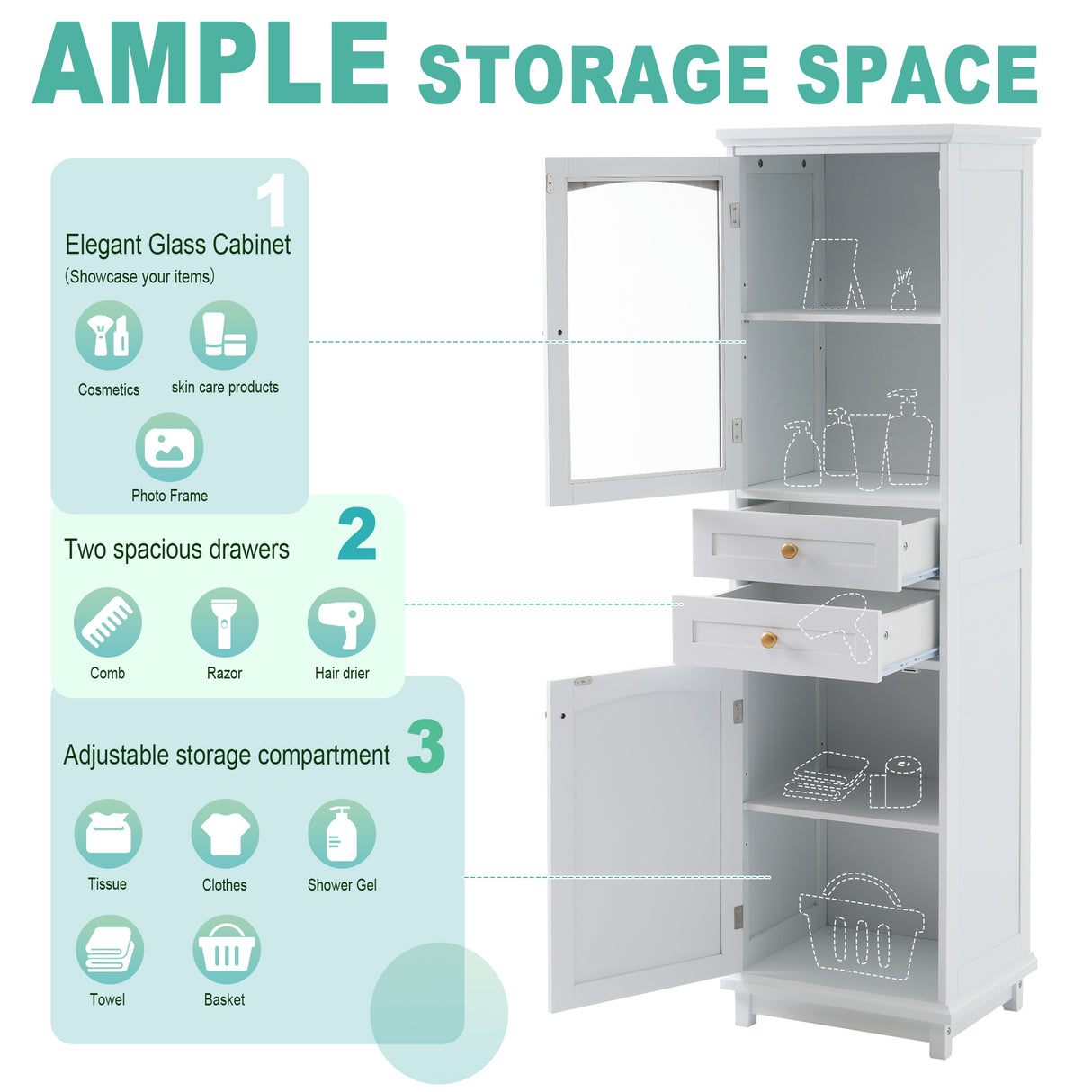 High bathroom storage cabinet with glass door, freestanding, two drawers and adjustable shelves, MDF board, painted white - V.I.P Digital Presence