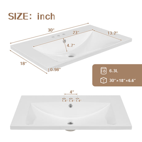 30" Single Bathroom Vanity Top with White Basin  3-Faucet Holes  Ceramic White - V.I.P Digital Presence