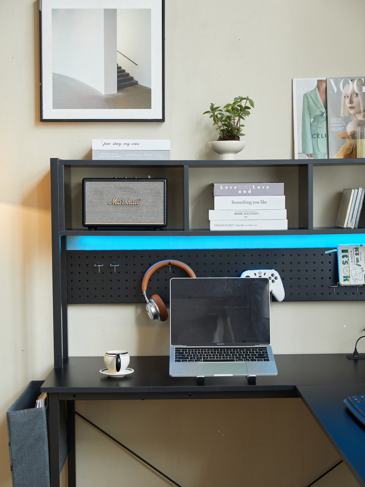 94.5 Inch Home Office Desk L shape gaming desk with LED storage Shelves METAL PANNEL and stool (BLACK) - V.I.P Digital Presence