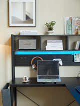 94.5 Inch Home Office Desk L shape gaming desk with LED storage Shelves METAL PANNEL and stool (BLACK) - V.I.P Digital Presence