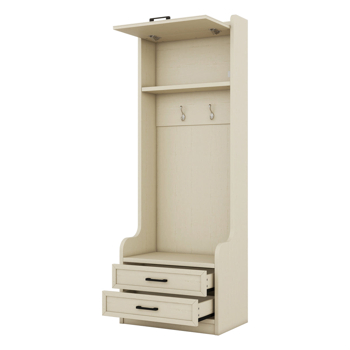 Four in one detachable hall tree with drawers and cabinets, 7 hooks, multifunctional corridor hangers, antique beige shoe stools - V.I.P Digital Presence