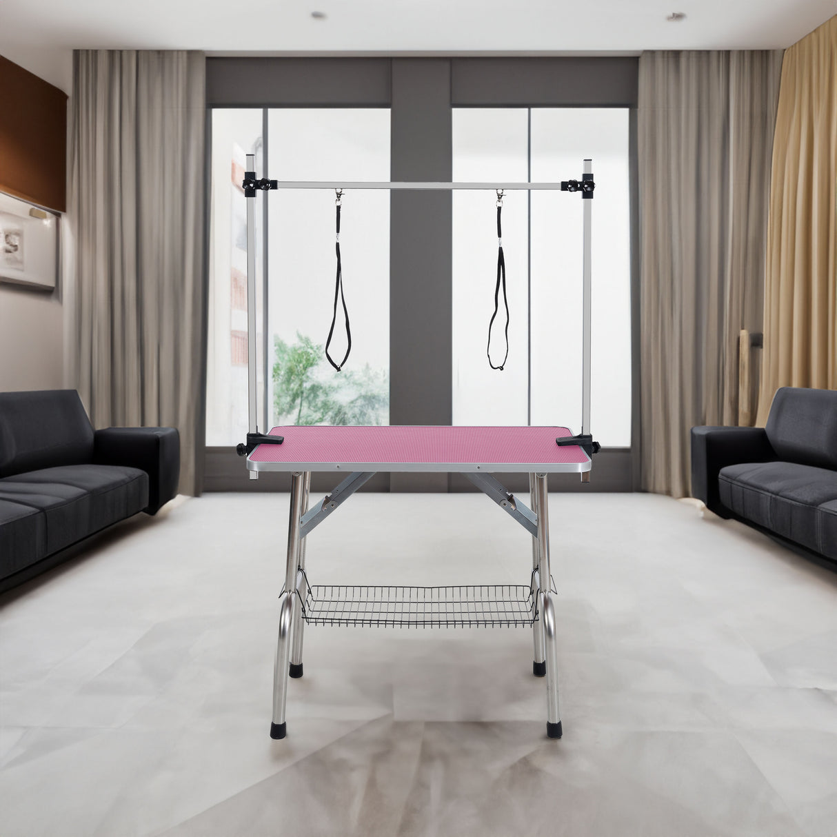 36 inch folding pet grooming table with stainless steel frame and rubber pad, equipped with adjustable armrests and clips (pink) - V.I.P Digital Presence