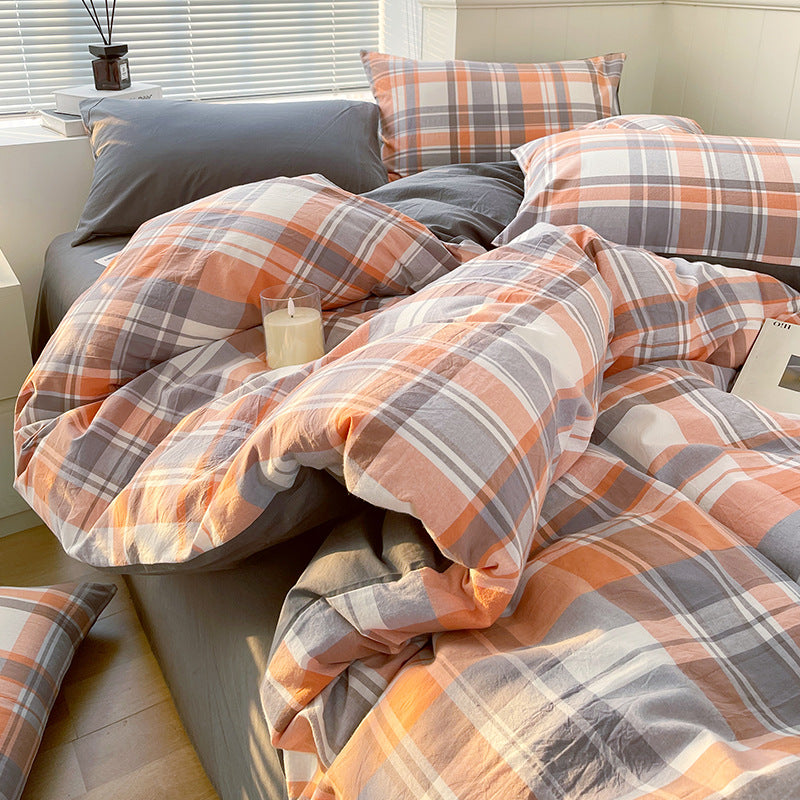 Cotton Dyed Washed Cotton Bedding Set Pure Cotton A Class Flat Sheet Quilt Cover Fitted Sheet Quilt Cover Three-Piece Set Striped