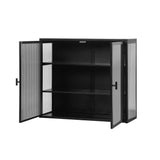 27.56"Glass Doors Modern Two-door Wall Cabinet with Featuring Three-tier Black