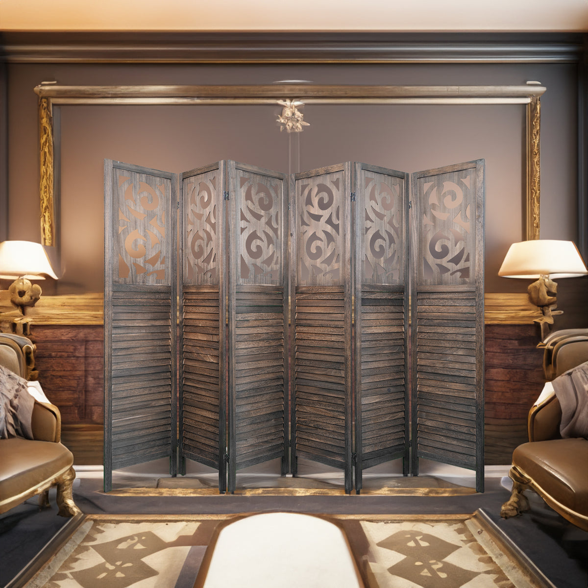 6 wooden partitions, 6FT carved wooden partitions, partition walls, wooden carved folding privacy screens, foldable brown color - V.I.P Digital Presence