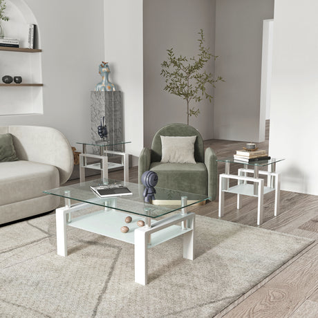 Set of 2, Modern Tempered Glass Tea Table Coffee Table End Table, Square Table for Living Room, Transparent/White - V.I.P Digital Presence