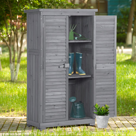 Wooden Garden Shed 3-tier Patio Storage Cabinet Outdoor Organizer Wooden Lockers with Fir Wood (Gray Wood Color -Shutter Design) - V.I.P Digital Presence