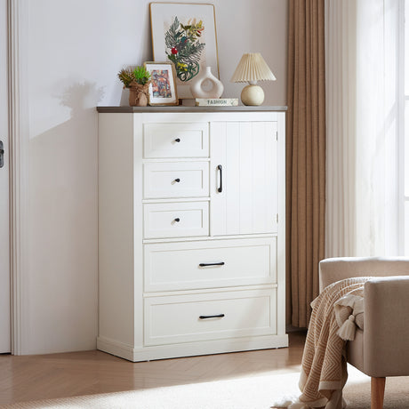 Farmhouse 5 drawer bedroom dressing table, high drawer cabinet white wooden bedroom dressing table. - V.I.P Digital Presence