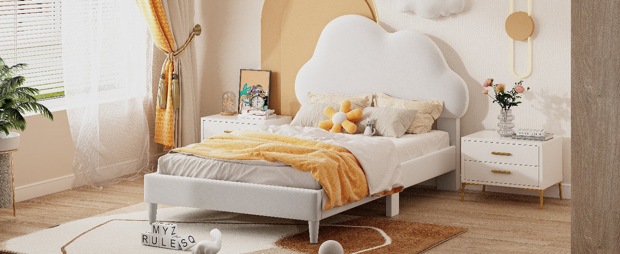 Twin Size Upholstered Cloud-Shape Bed ,Velvet Platform Bed with Headboard,No Box-spring Needed,Beige - V.I.P Digital Presence