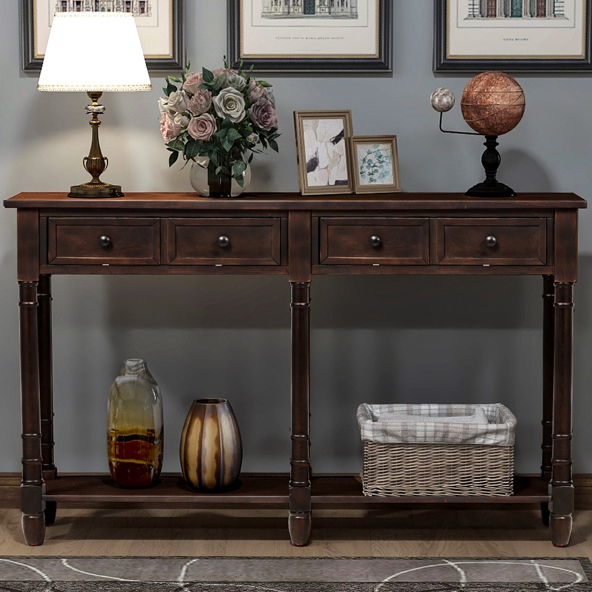 TREXM Console Table Sofa Table Easy Assembly with Two Storage Drawers and Bottom Shelf for Living Room Entryway (Espresso)