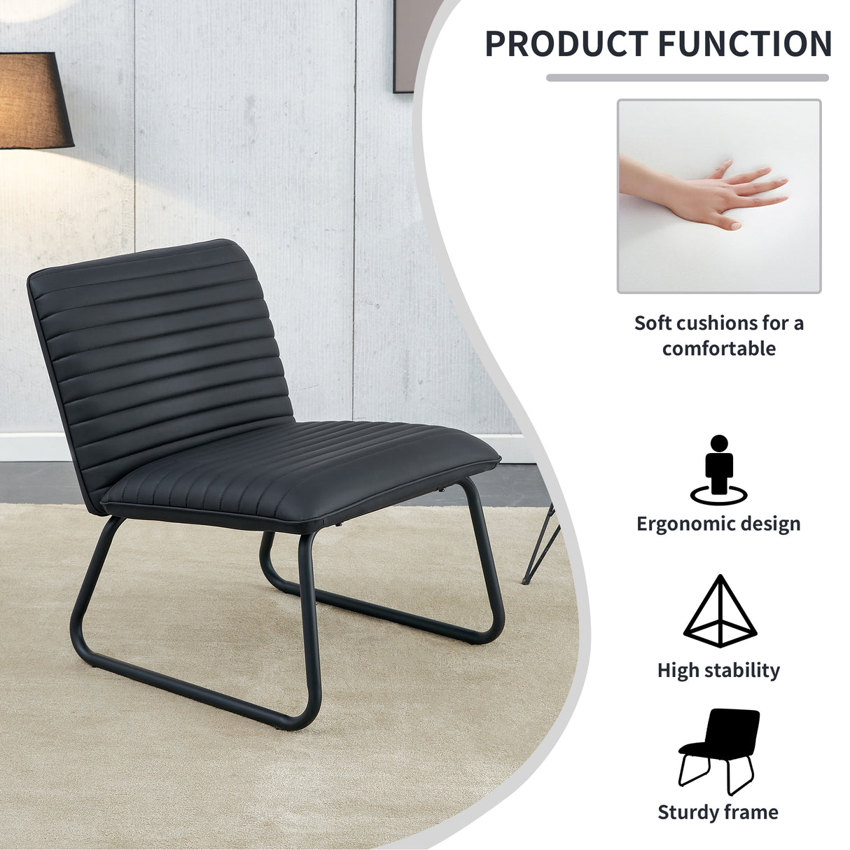 Black minimalist armless sofa chair with PU backrest paired with black metal legs