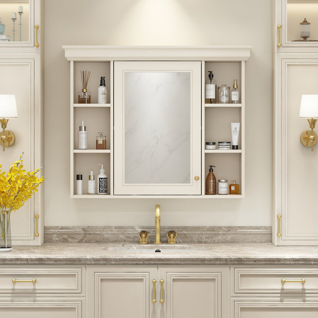 35'' x 28'' Blue Wall Mounted Bathroom Storage Cabinet with Mirror Door, Modern Bathroom Wall Cabinet with Mirror - V.I.P Digital Presence