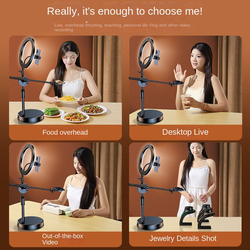Mobile Phone Overhead Shooting Stand for Food Photography, Drawing, and Live Streaming - Adjustable Dual-Camera Position Desktop Phone Holder with Fill Light - V.I.P Digital Presence