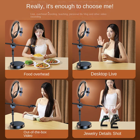 Mobile Phone Overhead Shooting Stand for Food Photography, Drawing, and Live Streaming - Adjustable Dual-Camera Position Desktop Phone Holder with Fill Light - V.I.P Digital Presence