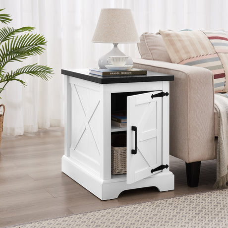 Farmhouse tea table bedside table rectangular farmhouse tea table with barn door and adjustable storage rack, white - V.I.P Digital Presence