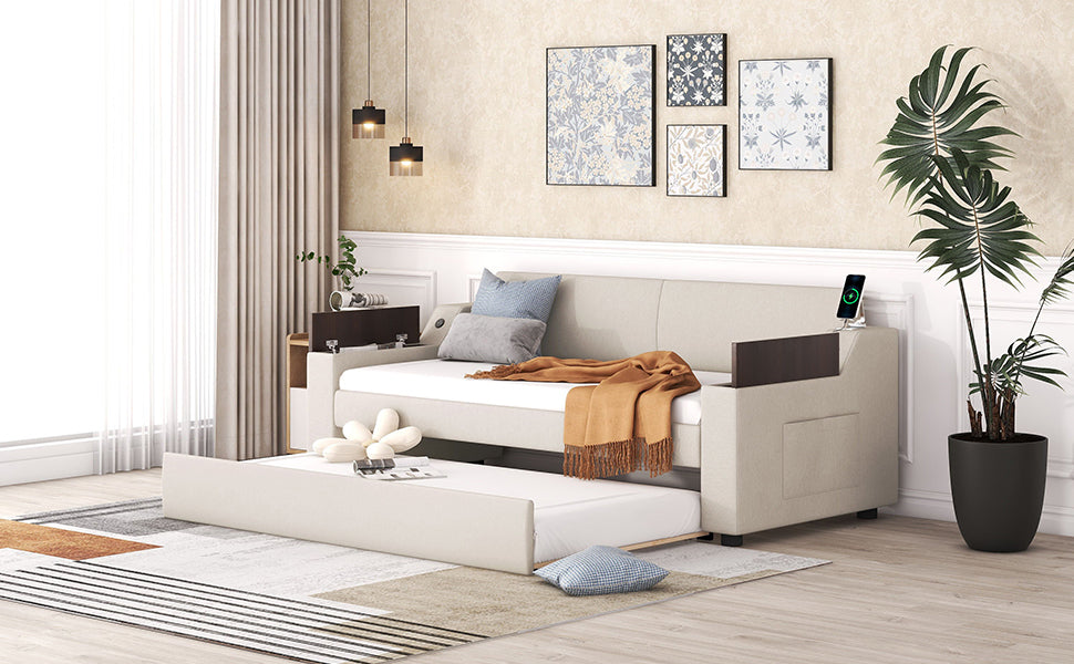 Twin Size Upholstery Daybed with Storage Arms  Trundle and USB Design Beige