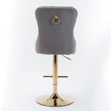 Thick gold rotating velvet bar stool with adjustable seat height of 25-33 inches and backrest (gray, set of 2 pieces)