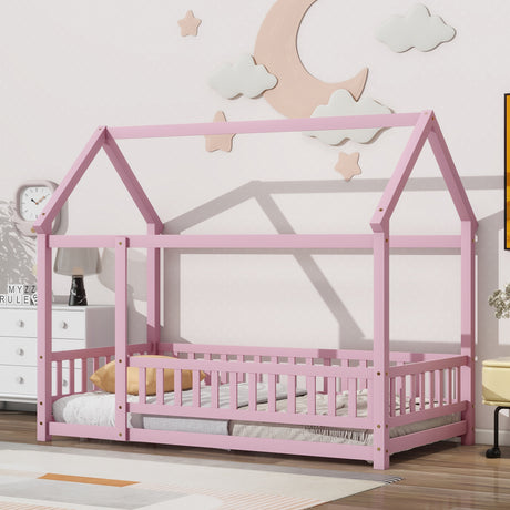 Twin Size Floor Wooden Bed with House Roof Frame, Fence Guardrails,Pink - V.I.P Digital Presence