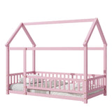 Twin Size Floor Wooden Bed with House Roof Frame, Fence Guardrails,Pink - V.I.P Digital Presence