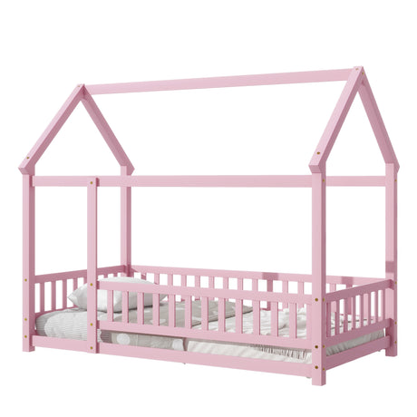 Twin Size Floor Wooden Bed with House Roof Frame, Fence Guardrails,Pink - V.I.P Digital Presence