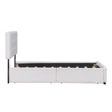 Upholstered Platform Bed with Classic Headboard and 4 Drawers No Box Spring Needed Linen Fabric Queen Size White - V.I.P Digital Presence
