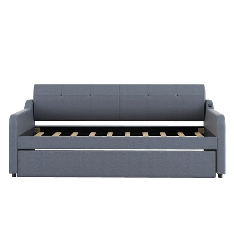 Twin Size Upholstery DayBed with Trundle and USB Charging Design Trundle can be flat or erected Gray - V.I.P Digital Presence