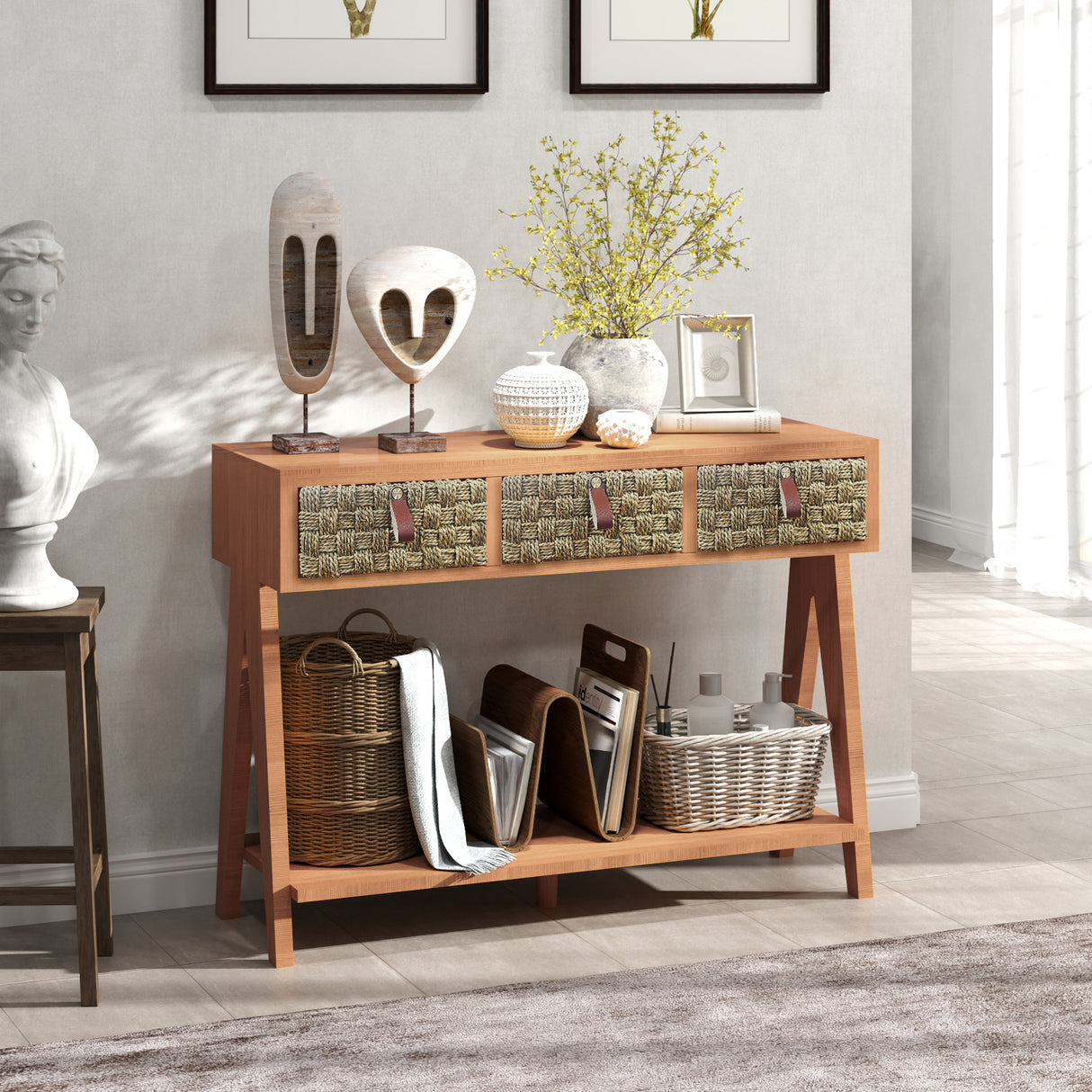 Medieval modern console table with entrance storage space, multifunctional entrance table with 3 drawers, open storage rack - V.I.P Digital Presence