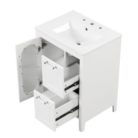 24" Bathroom Vanity with Sink, Bathroom Vanity Cabinet with Two Drawers and Door, Adjustable Shelf, Solid Wood and MDF, White - V.I.P Digital Presence