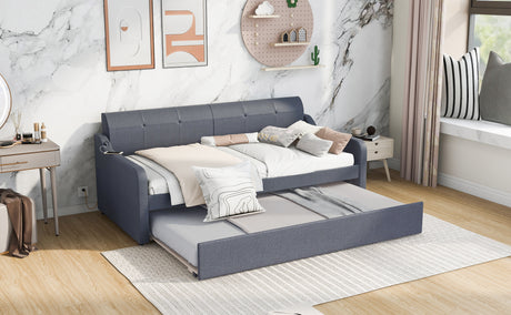 Twin Size Upholstery DayBed with Trundle and USB Charging Design Trundle can be flat or erected Gray - V.I.P Digital Presence
