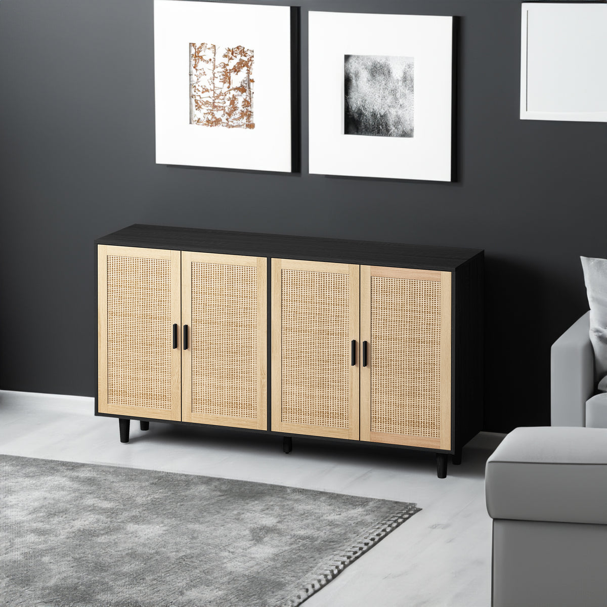 62.20"Elegant and Functional 4-Door Rattan Decorative Storage Cabinet,for Bedroom,Living Room,Office,Easy Assembly,Black - V.I.P Digital Presence
