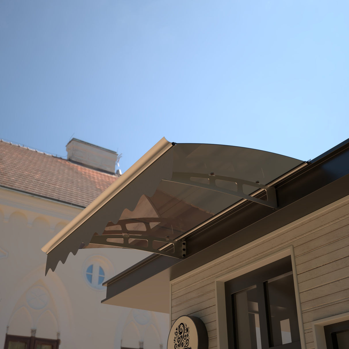 DA4734W Series Door Window Awning Made of 0.137 Inch Thick Crystal Polycarbonate Sheet in size of 47" Wide x 34" Brown Roof - V.I.P Digital Presence