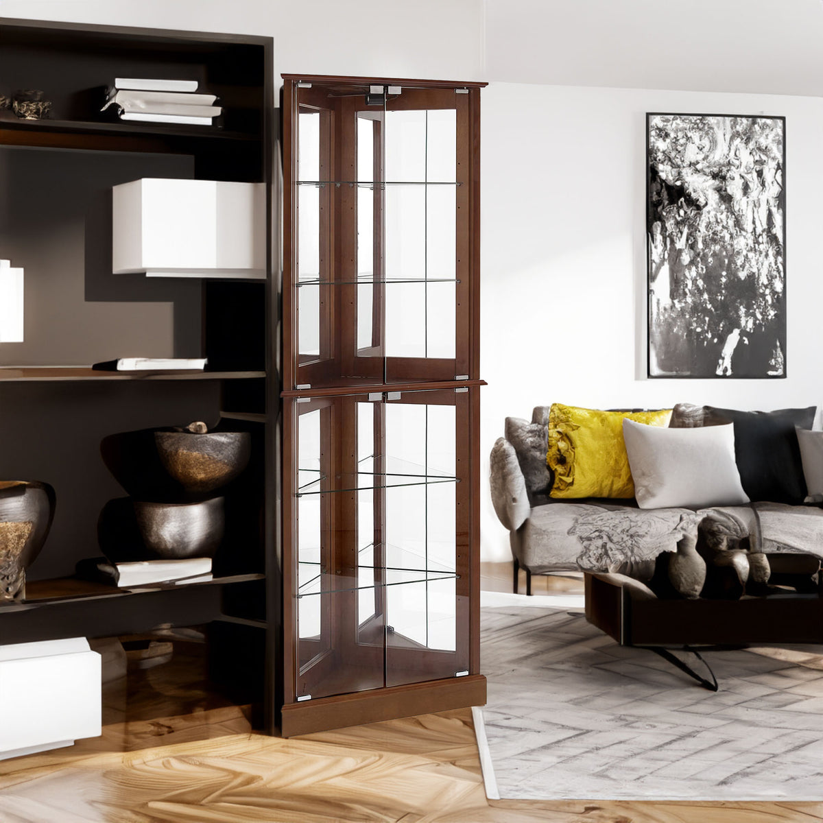 Corner Curio Dispaly Cabinet with Lights, Adjustable Tempered Glass Shelves, Mirrored Back,Walnut(E26 light bulb not included) - V.I.P Digital Presence