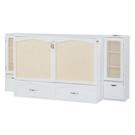 Large Murphy bed wall mounted bed with drawers, 2 storage cabinets, 1 set of sockets and USB ports, white - V.I.P Digital Presence