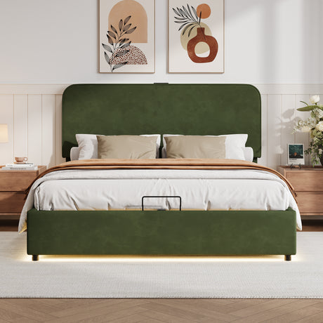 Large hydraulic storage bed with soft cushion lifting storage bed with RGB LED lights, Bluetooth speaker lychee velvet, green - V.I.P Digital Presence