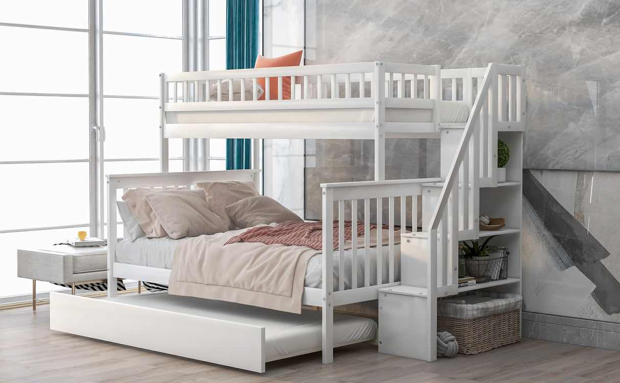 Twin over Full Bunk Bed with Trundle and Staircase White - V.I.P Digital Presence