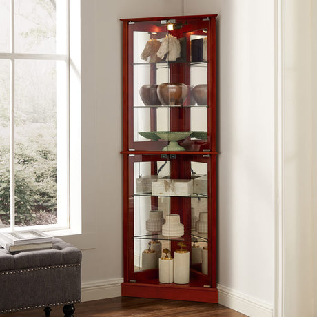 Corner Curio Dispaly Cabinet with Lights, Adjustable Tempered Glass Shelves, Mirrored Back,Cherry(E26 light bulb not included) - V.I.P Digital Presence