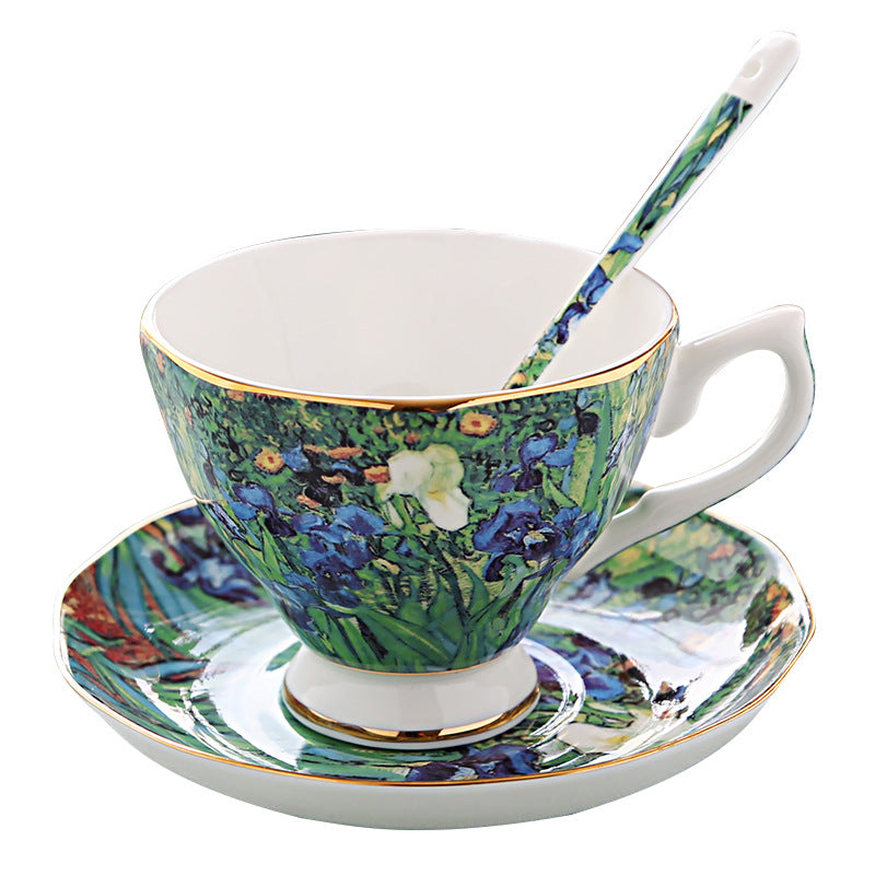British Luxe Saucer and Spoon Afternoon Tea Cup with Van Gogh Oil Painting Design, Bone China Coffee Cup, Creative Souvenir Ceramic Mug - V.I.P Digital Presence