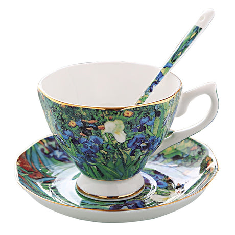 British Luxe Saucer and Spoon Afternoon Tea Cup with Van Gogh Oil Painting Design, Bone China Coffee Cup, Creative Souvenir Ceramic Mug - V.I.P Digital Presence