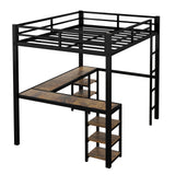 Full metal loft bed with desk and shelf, loft bed with ladder and guardrail, black with retro wood desk - V.I.P Digital Presence