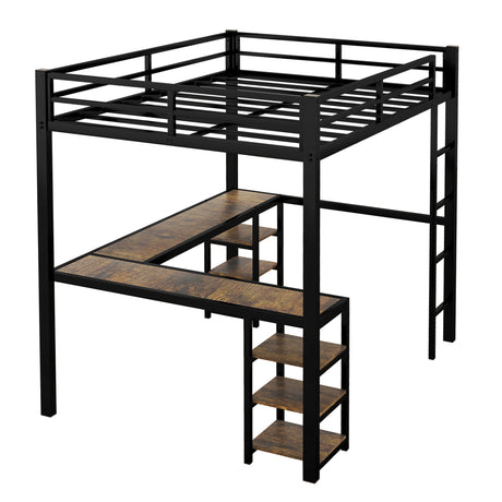 Full metal loft bed with desk and shelf, loft bed with ladder and guardrail, black with retro wood desk - V.I.P Digital Presence