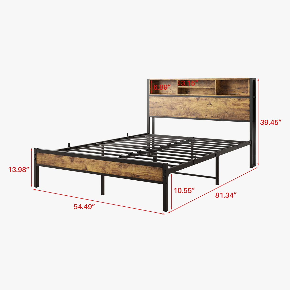 Full Size Bed Frame with Storage Headboard Metal Platform Bed with Charging Station Black - V.I.P Digital Presence