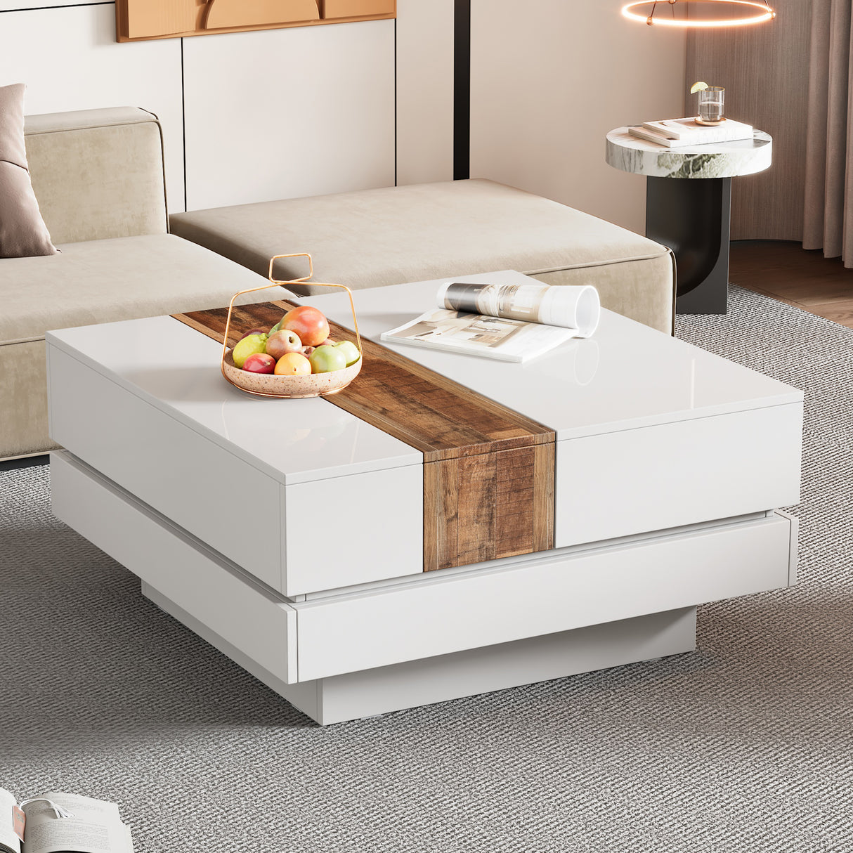 ON-TRANS 31.4 inches x 31.4 inches with sliding tabletop, high gloss center table, hidden storage room white - V.I.P Digital Presence