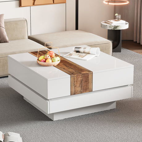 ON-TRANS 31.4 inches x 31.4 inches with sliding tabletop, high gloss center table, hidden storage room white - V.I.P Digital Presence