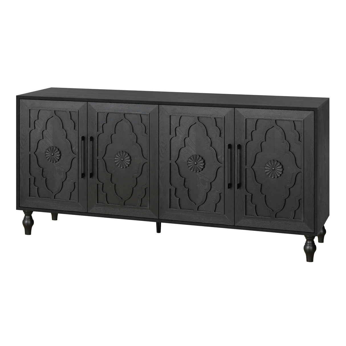 Carved Flower Door Large Storage Cabinet With Metal Handle Suitable For Living Room, Kitchen, Entryway(BLACK) - V.I.P Digital Presence