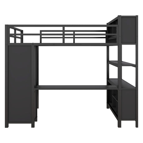 Metal loft bed with wardrobe and L-shaped desk, full-size loft bed with storage cabinet and shelf, heavy-duty loft bed, black - V.I.P Digital Presence