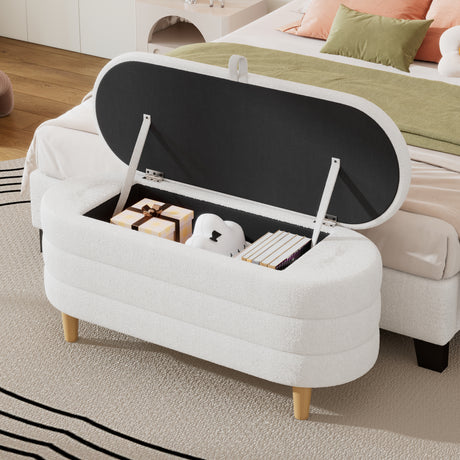 Elegant Upholstered Sherpa Fabric Storage Ottoman with Wood Legs, Storage Bench for Bedroom, Living Room, White - V.I.P Digital Presence