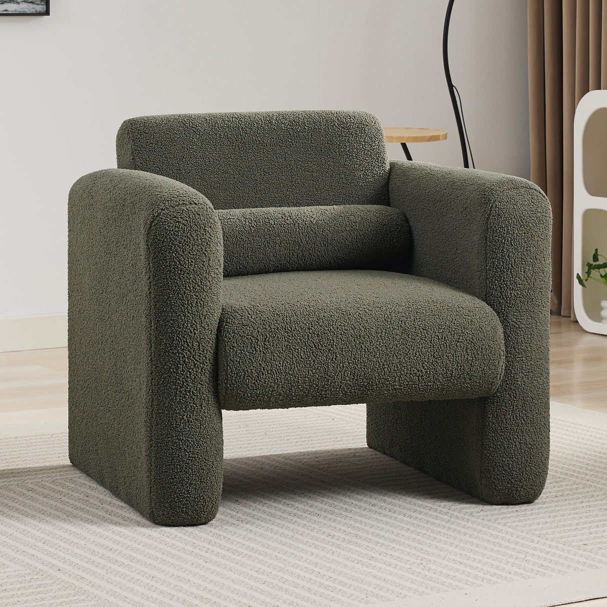 Modern style chair with sheepskin Sherpa fabric soft cushion, comfortable armchair, soft with backrest and pillow, seaweed green - V.I.P Digital Presence