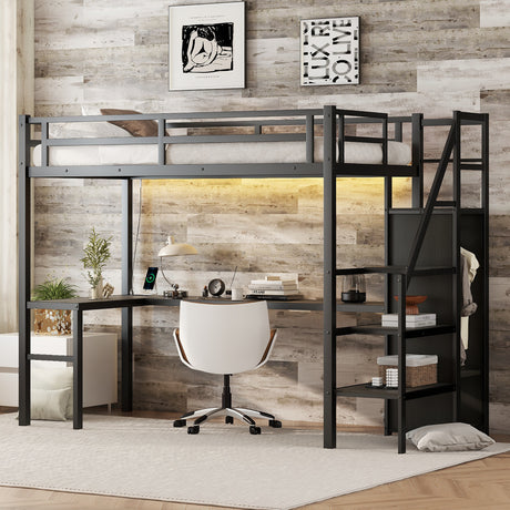 Twin XL loft bed with L-shaped desk and USB, metal loft bed with wardrobe and adjustable shelf, LED loft bed, black - V.I.P Digital Presence
