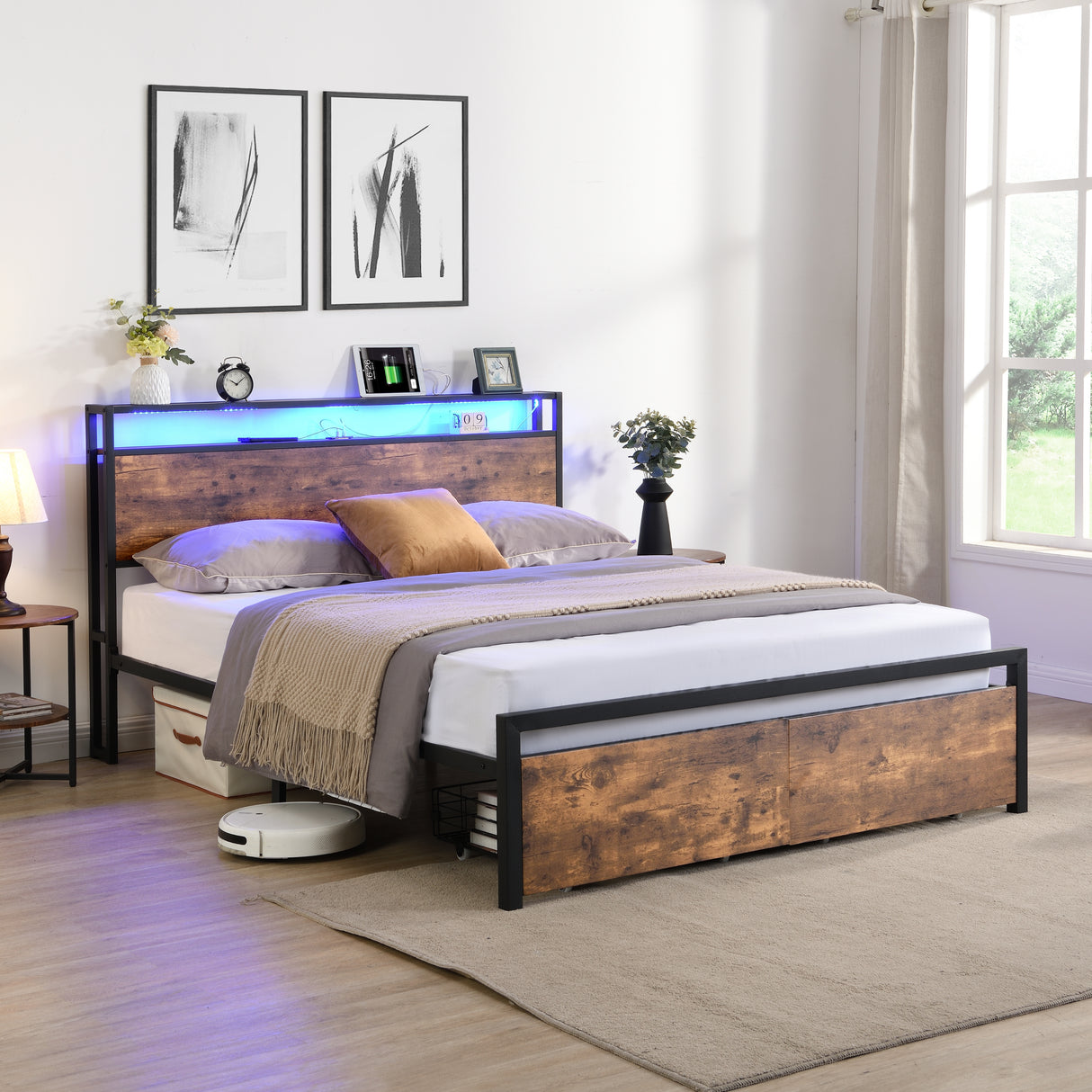 Large bed frame with storage headboard and 2 drawers, LED light bed, charging station, metal platform bed - V.I.P Digital Presence